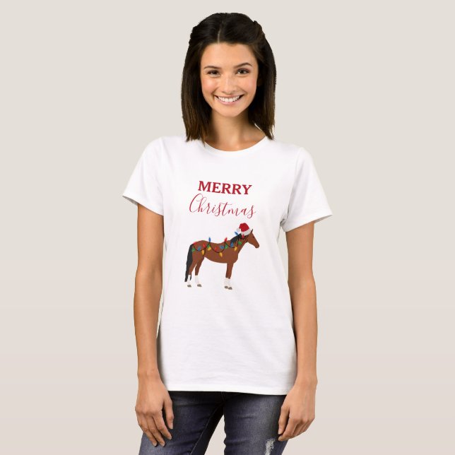 Cavalo de Natal Santa Hat Xmas Luz T-Shirt (Frente Completa)