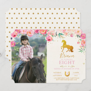 Cavalo Dourado com Flores Foto Convite de Aniversá