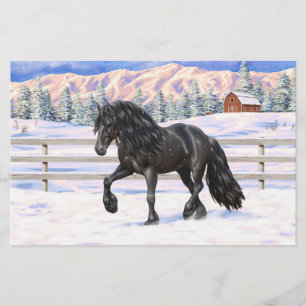 Cavalo Negro Frísia Na Neve