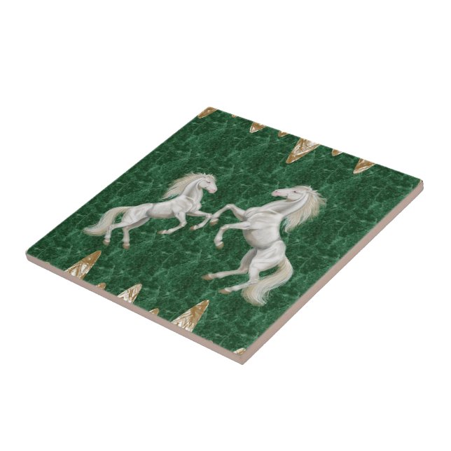 Cavalos Brancos Azulejos Cerâmicos Verde Dourado (Lateral)