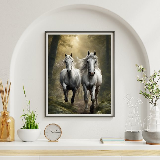 Cavalos Brancos Correndo na Floresta Poster (White Horses Running in the Forest Poster)