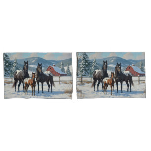 Cavalos de Appaloosa Pretos numa Fazenda no invern