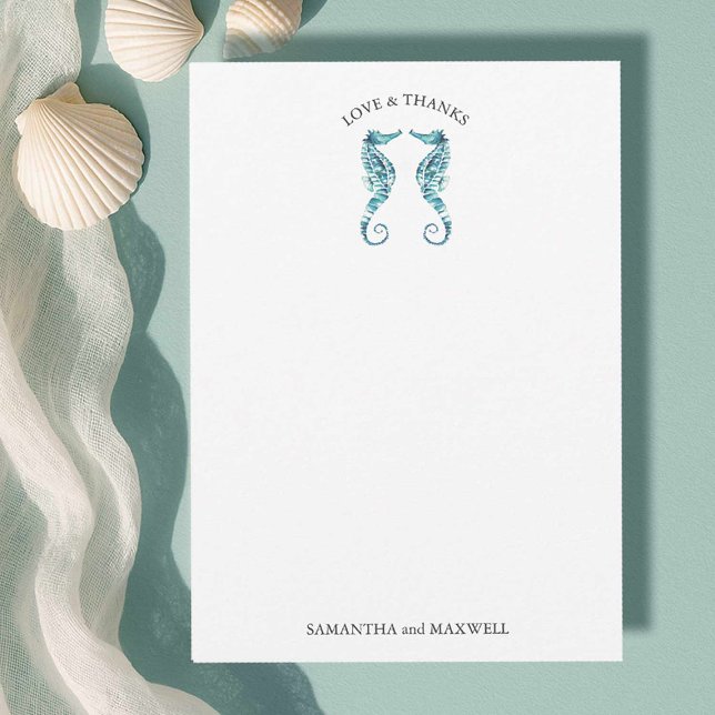 Cavalos de Cartões de agradecimentos de Casamento  (Beach wedding looks watercolor seahorses art by Victoria Grigaliunas of Do tell A Belle)