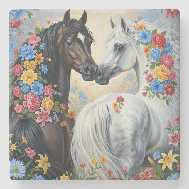 Cavalos enquadrados em flores Porta-copos (Frente)