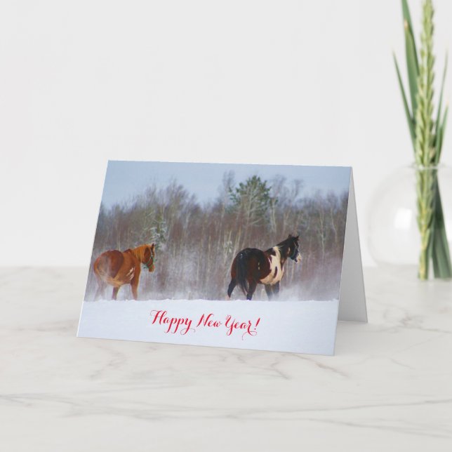 Cavalos no cartão de ano novo da neve (Frente)