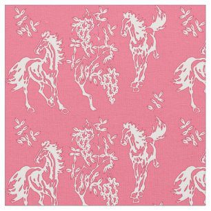 Cavalos no tecido cor-de-rosa e branco
