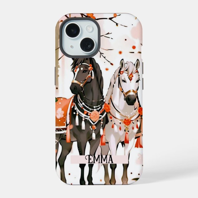 Cavalos numa Floresta Vermelha Nome Personalizado (Verso)