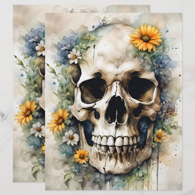 Caveira de Aquarela com Papel Escrapbook de Flores (Frente/Verso)