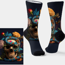 Caveira do gótico, Cobra azul e flores em azul