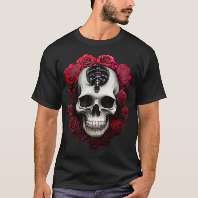 Caveira escura e gótica e T-Shirt Rosa (Frente)