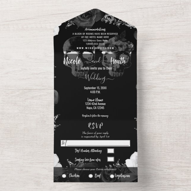 Caveira Esqueleto Preto e Branco Casamento Gótico (Inside)
