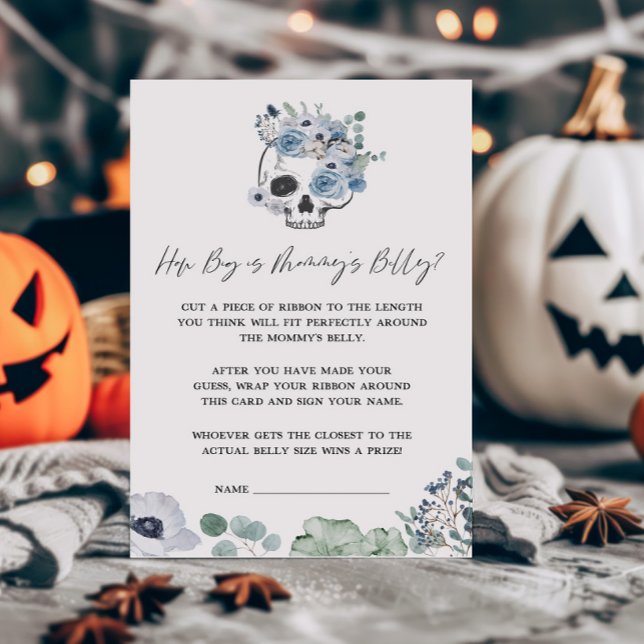 Caveira Gótica Azul Qual é o tamanho do jogo Mommy (Floral Skull Baby Shower How Big is Mommys Belly Game)