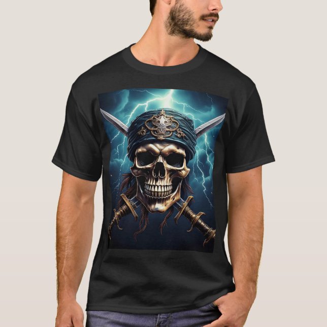 Caveira Pirata com Camisa T de Espadas (Frente)