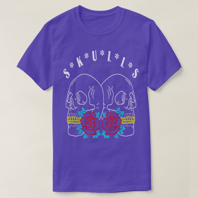 Caveiras Skeleton Ossos Flores T-Shirt (Frente do Design)