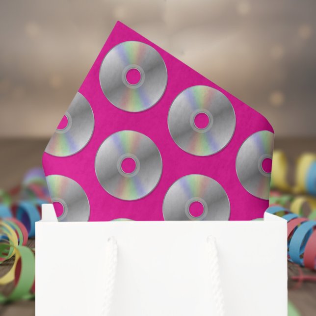 CDs de música retrorreflectores Papel cor-de-rosa- (Retro Music CD Pattern tissue for your groovy retro y2k tissue paper needs)