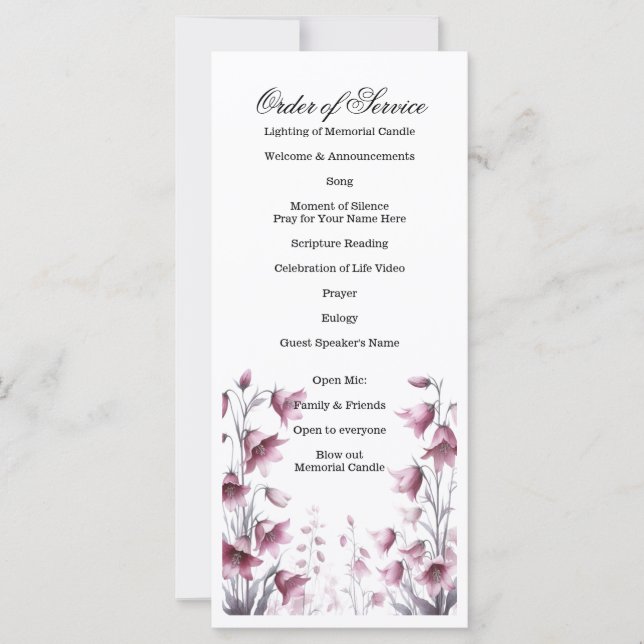 Celebração da Vida, Funeral, Serviço Memorial (Frente)