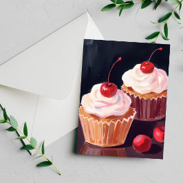 Celebração de Cupcakes de Cereja Cartão de Aquarel