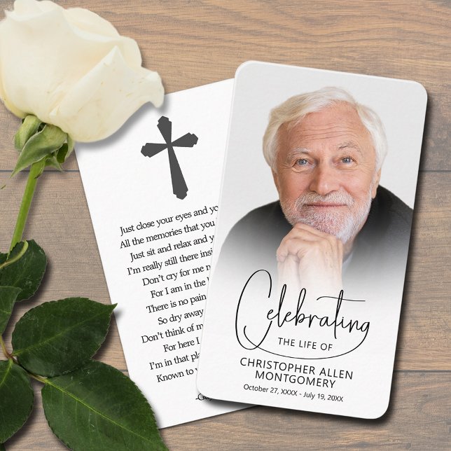 Celebração do Cartão de Oração de Foto Vida (Celebration of Life photo prayer card bookmark with a cross and poem on the back (can be changed))