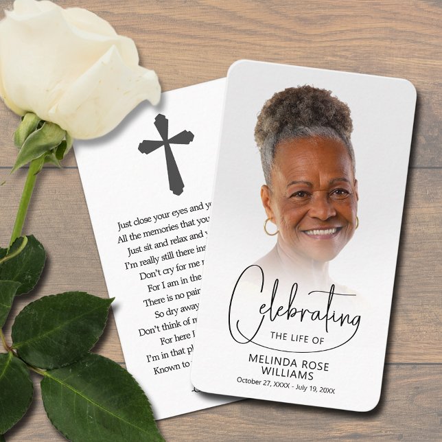 Celebração do Cartão de Oração de Foto Vida (Celebration of Life photo prayer card bookmark with a cross and poem on the back (can be changed))