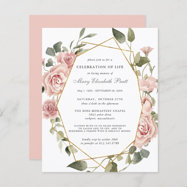 Celebração do Orçamento do Convite Floral Rosa de  (Frente/Verso)