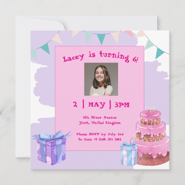 Celebração Doce: Convite de Aniversário Rosa Púrpu (Frente)
