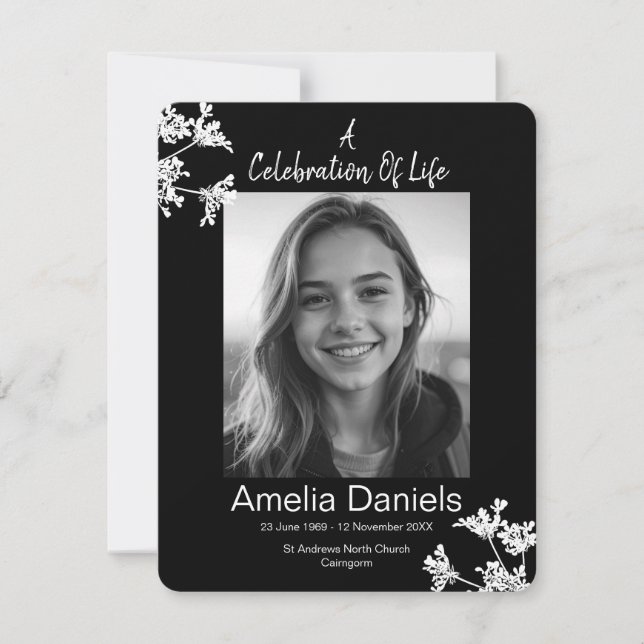 Celebração Floral A Branco Negro Do Cartão com fot (Frente)