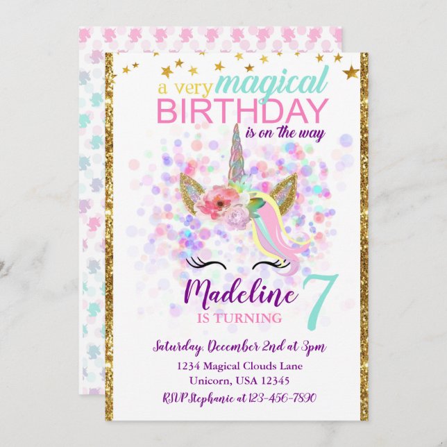 Celebração Mágica do Convite de Aniversário do Uni (Frente/Verso)