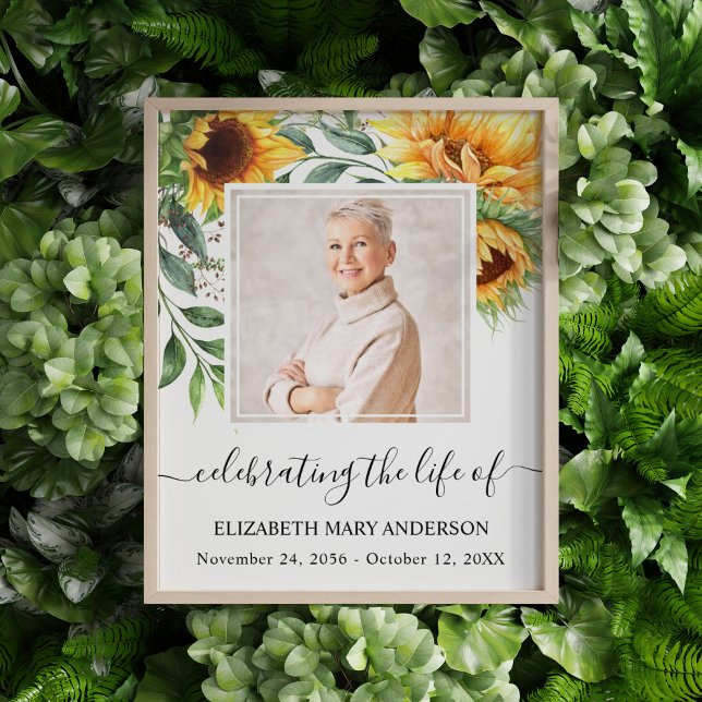 Celebrando Memorial de Celebração da Foto da Vida  (Sunflower floral watercolor celebration of life poster with a photo of your loved one.)