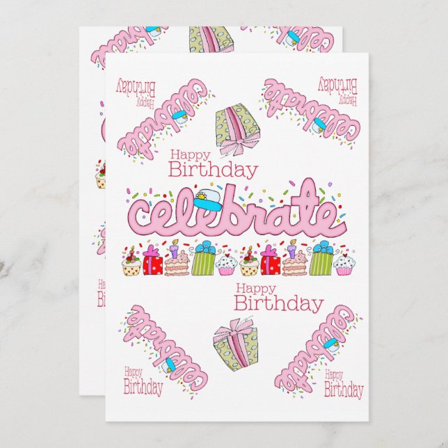 Celebrar Feliz Convite de Aniversário Rosa (Frente/Verso)