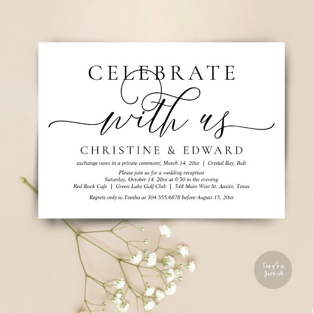 Celebre conosco, Convite de Fuga para Casamento (Celebrate with us, Romantic Modern Wedding Elopement Invitation Card, PDF, in Black and White)