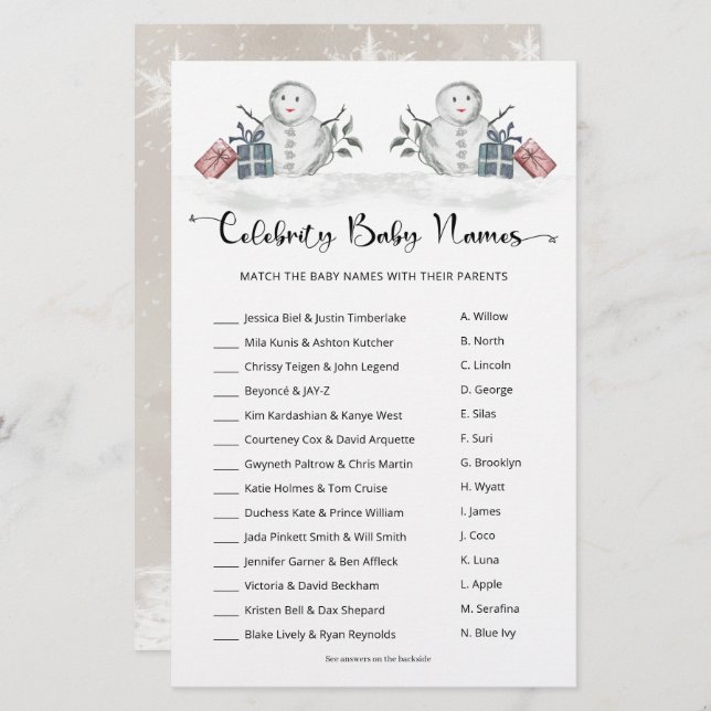 Celebridade Nomes de Bebê Chá de fraldas de Snowma (Frente/Verso)