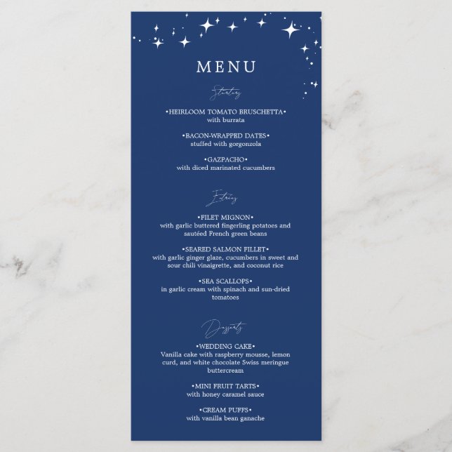 Celestial Elegant Navy Blue Wedding Flat Menu (Frente)