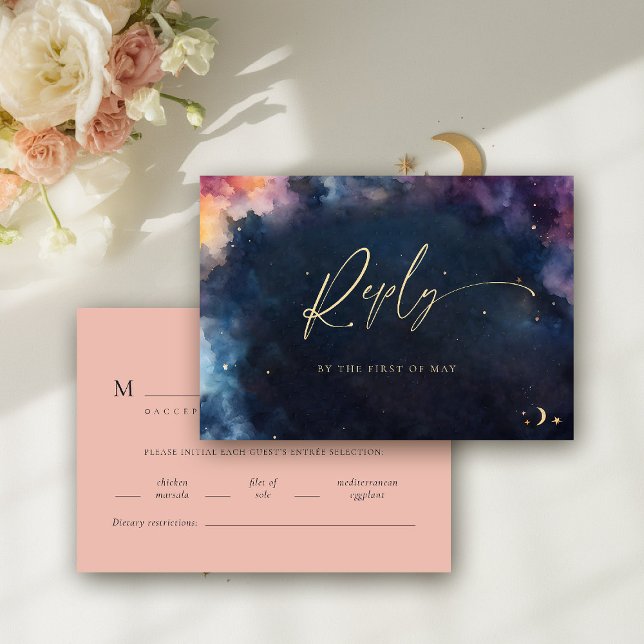Celestial Gift Meal-night Blue RSVP (celestial wedding rsvp meal card cosmic watercolor starry night sky galaxy universe navy blue peach)