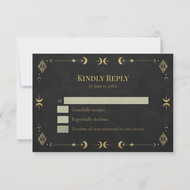 Celestial Gothic Black and Gold RSVP Card (Frente)