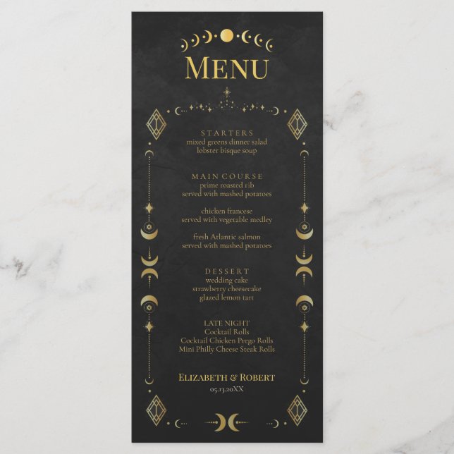 Celestial Gothic Black and Gold Wedding Menu Card (Frente)