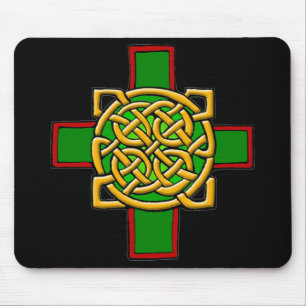 Céltica Cross Knotwork in Green and Red Mousepad