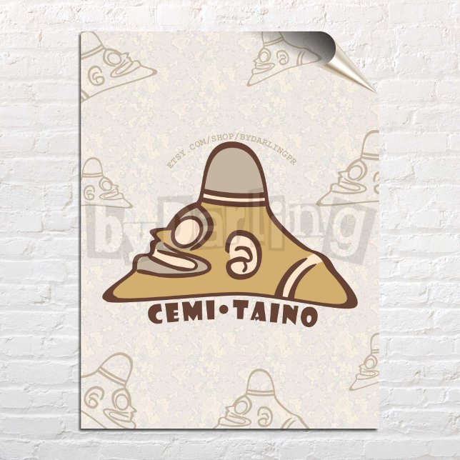 Cemi Taino Puerto Rico Wall Art Poster (Cemi Taino Puerto Rico Wall Art Digital Download Print Poster over a white brick wall)