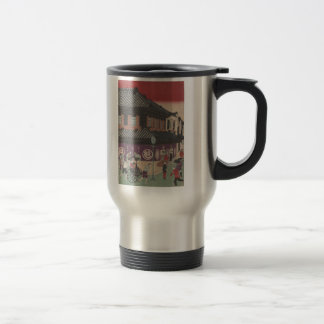 Cena da rua de Tokyo com caneca de viagem da