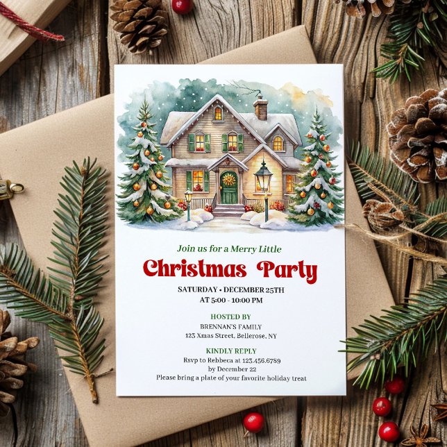 Cena de Natal Aconchegante Convite de Férias em Aq (Cozy Christmas Scene Watercolor Holiday Invite)