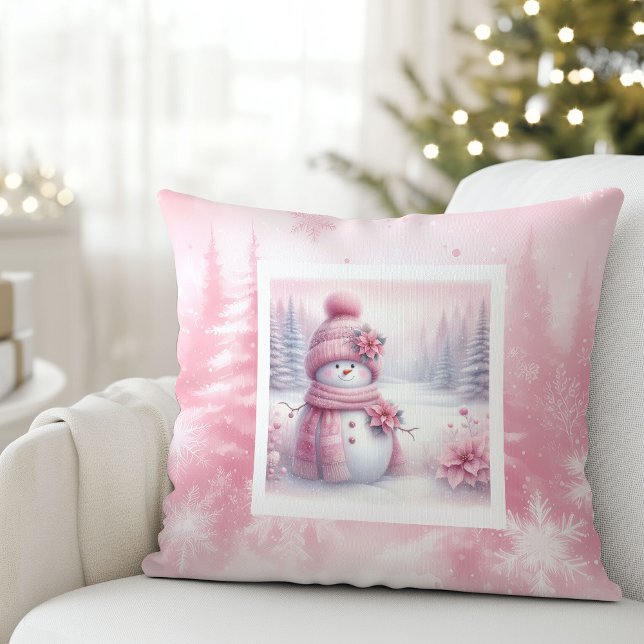 Cena de Natal de Boneco de Neve Rosa Fofa Almofada (Cute Pink Snowman Christmas Scene Pinkmas Pillow)