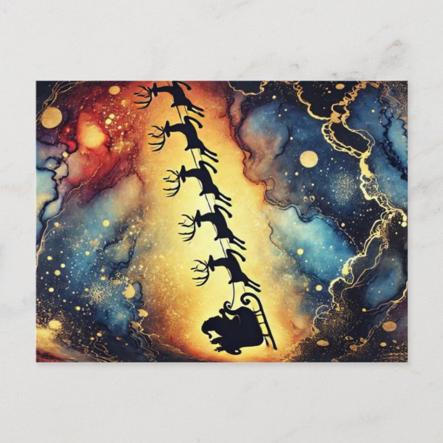 Cena de Papai Noel céu noturno c/ renas Cartão pos (Frente)