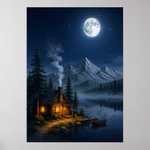 Cena Noturna de Cabana na Montanha Impressão de Ar