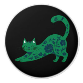 Ceramic Pull Green Floral Cat