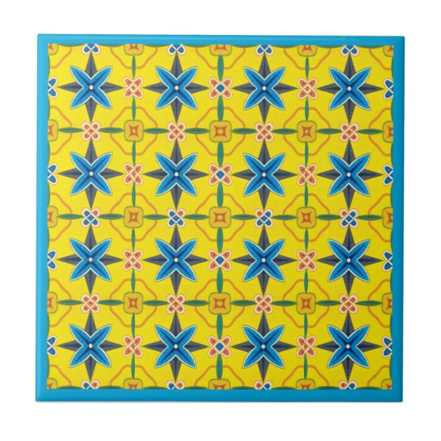Cerâmica Amarelo e azulejo do design floral de turquesa (Frente)