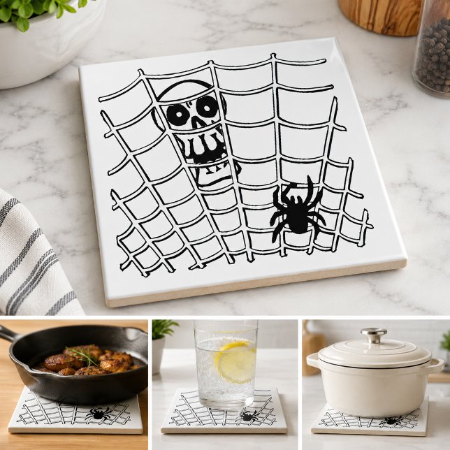 Cerâmica Aranha na Teia com Azulejo de Halloween de Caveira (Spider in Web with Skull Halloween Tile)