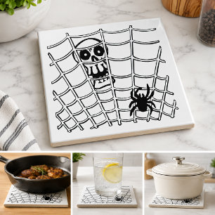 Cerâmica Aranha na Web com Azulejo de Halloween de Caveira