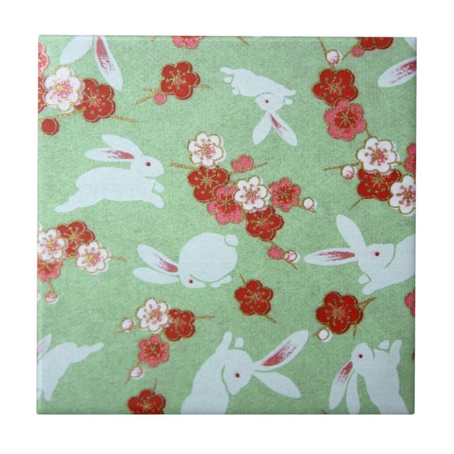 Cerâmica Arte Japonesa: Azulejo de Sakuras Verdes e Coelhos (Frente)