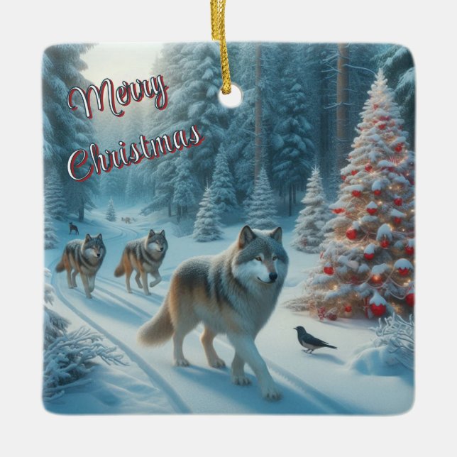 Cerâmica Árvore de Natal e Lobos em Ornamento de Neve (Frente)