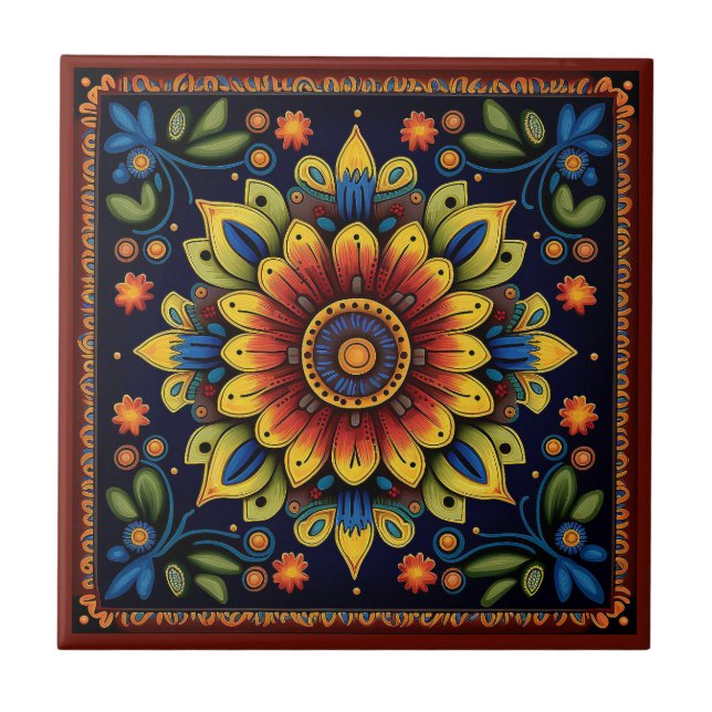 Cerâmica Azulejo 11/12 de flores do estilo Huichol mexicano (Frente)