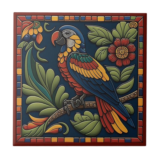 Cerâmica Azulejo 4/12 de papagaio do estilo Huichol mexican (Frente)